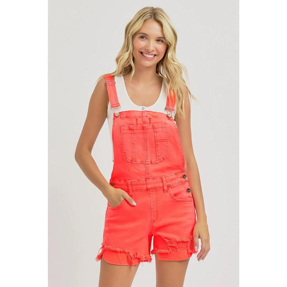 "Amy" Distressed Shortall Romper in Coral